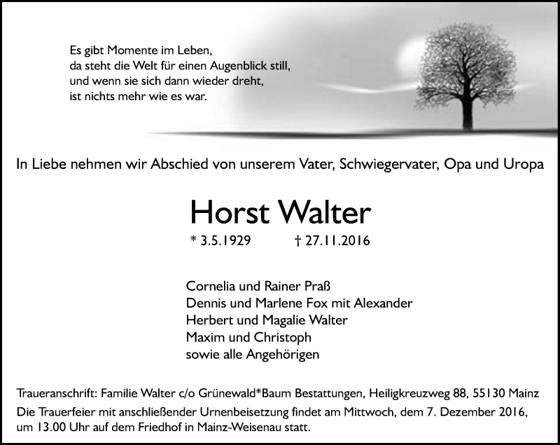  Traueranzeige für Horst Walter vom 03.12.2016 aus Trauerportal Rhein Main Presse