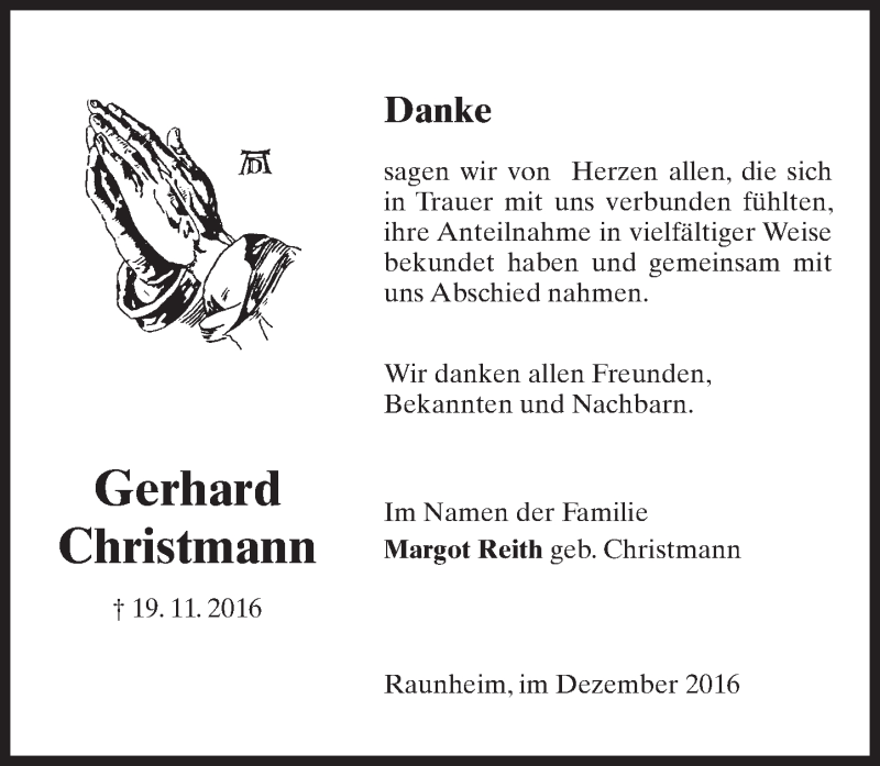  Traueranzeige für Gerhard Christmann vom 10.12.2016 aus Trauerportal Rhein Main Presse