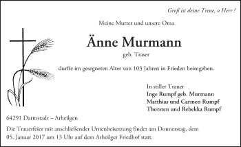 Traueranzeige von Änne Murmann von Trauerportal Echo Online