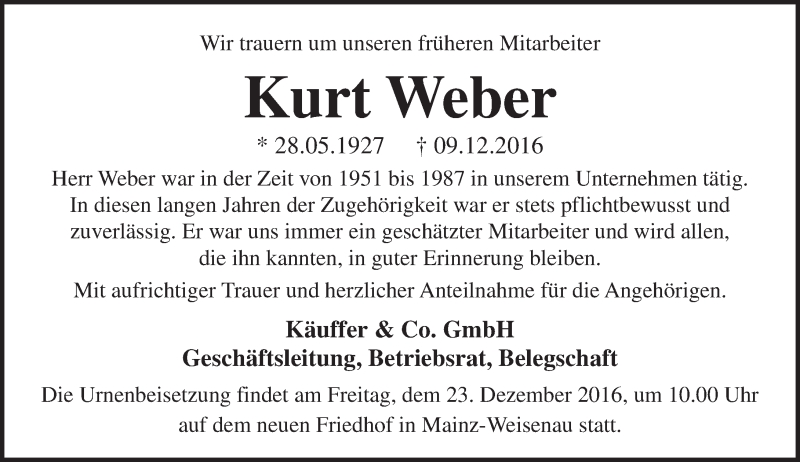  Traueranzeige für Kurt Weber vom 17.12.2016 aus Trauerportal Rhein Main Presse