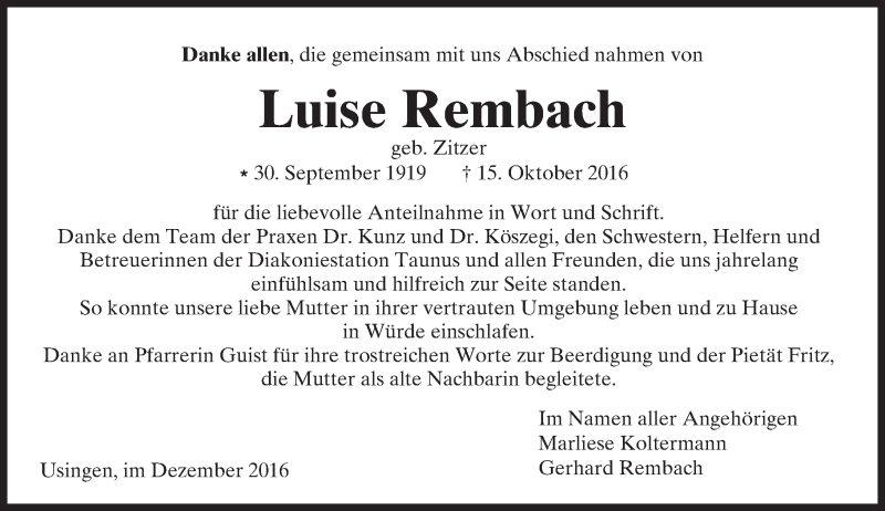  Traueranzeige für Luise Rembach vom 03.12.2016 aus  Usinger Anzeiger