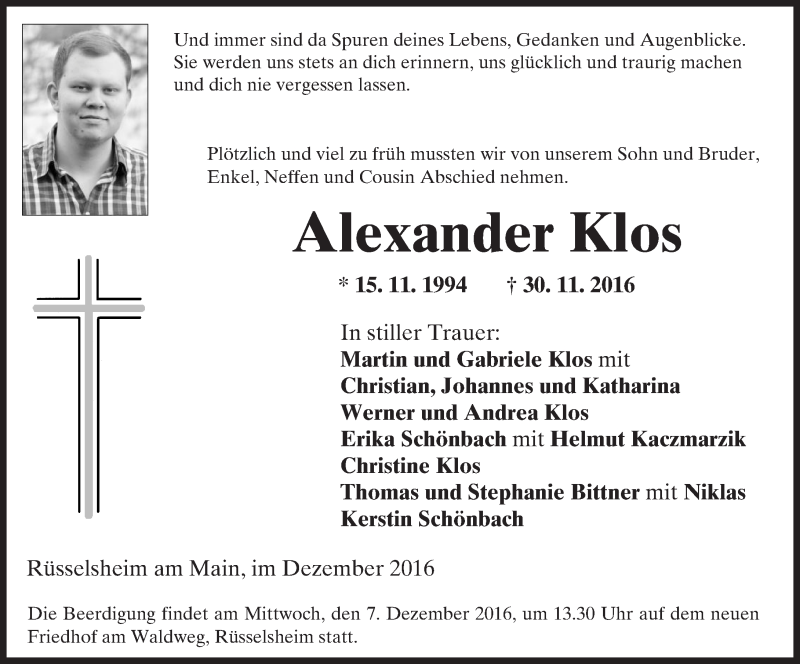  Traueranzeige für Alexander Klos vom 06.12.2016 aus Trauerportal Rhein Main Presse