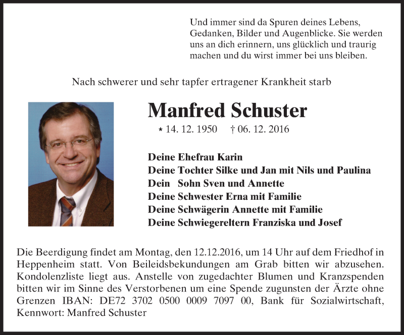  Traueranzeige für Manfred Schuster vom 09.12.2016 aus Trauerportal Echo Online