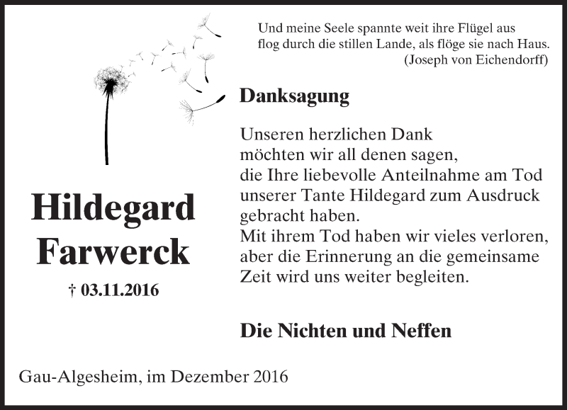  Traueranzeige für Hildegard Farwerck vom 17.12.2016 aus Trauerportal Rhein Main Presse