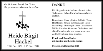 Traueranzeige von Heide Birgit Hackel von  Usinger Anzeiger