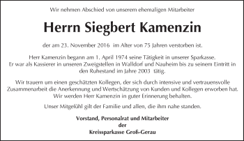 Traueranzeige von Siegbert Kamenzin von Trauerportal Echo Online