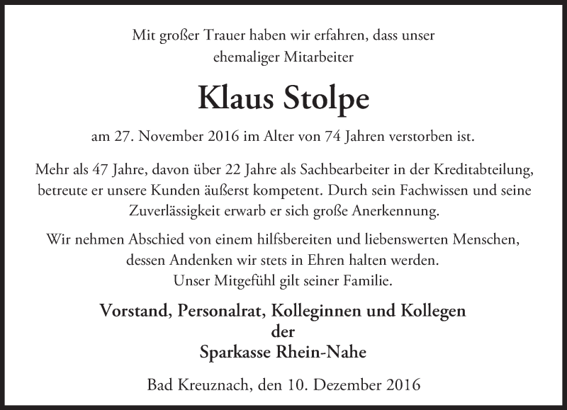  Traueranzeige für Klaus Stolpe vom 10.12.2016 aus Trauerportal Rhein Main Presse