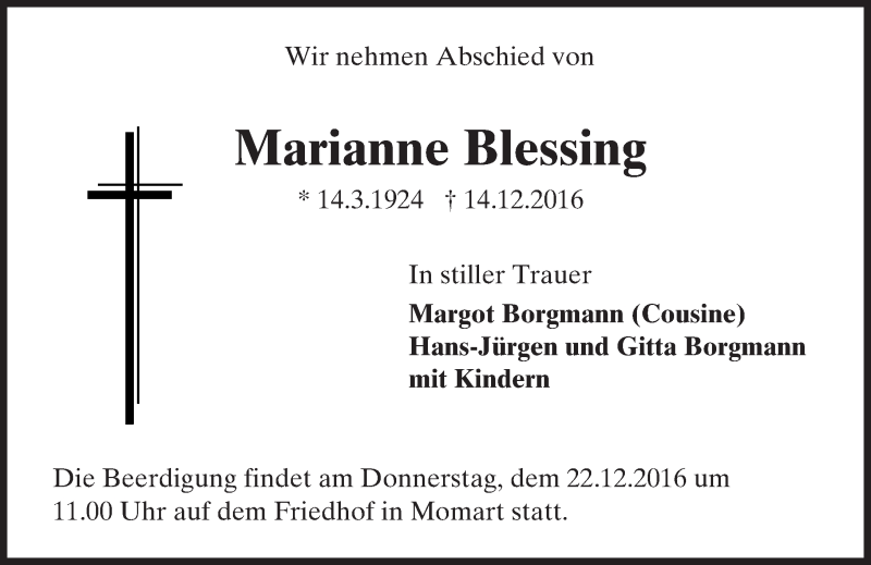  Traueranzeige für Marianne Blessing vom 20.12.2016 aus Trauerportal Echo Online