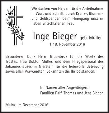 Traueranzeige von Inge Bieger von Trauerportal Rhein Main Presse