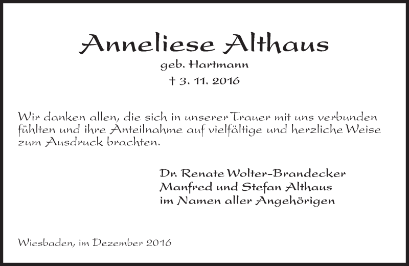  Traueranzeige für Anneliese Althaus vom 03.12.2016 aus Trauerportal Rhein Main Presse