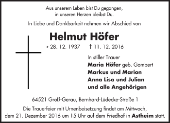Traueranzeige von Helmut Höfer von Trauerportal Echo Online