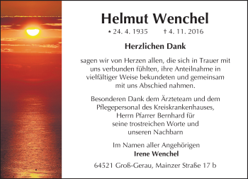 Traueranzeige von Helmut Wenchel von Trauerportal Echo Online