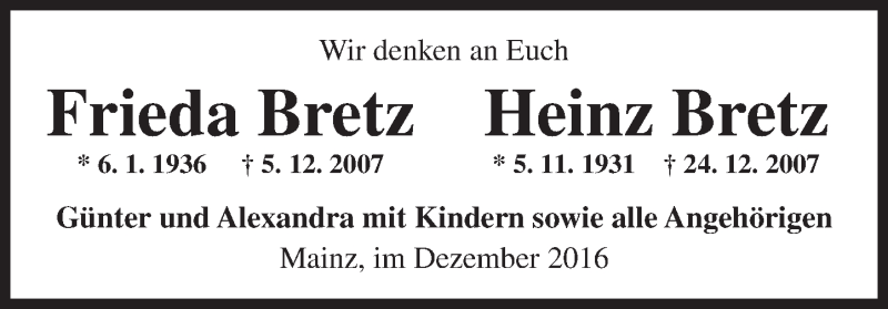  Traueranzeige für Frieda und Heinz Bretz vom 17.12.2016 aus Trauerportal Rhein Main Presse