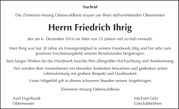 Traueranzeige von Friedrich Ihrig von Trauerportal Echo Online