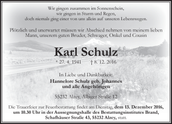 Traueranzeige von Karl Schulz von Trauerportal Rhein Main Presse