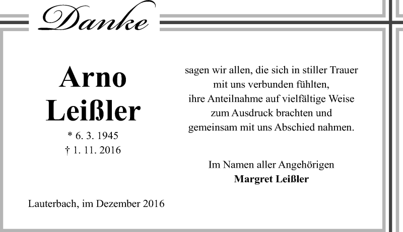  Traueranzeige für Arno Leißler vom 17.12.2016 aus VRM Trauer