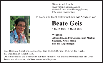 Traueranzeige von Beate Geis von  Gelnhäuser Tageblatt