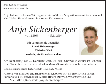 Traueranzeige von Anja Sickenberger von Trauerportal Rhein Main Presse