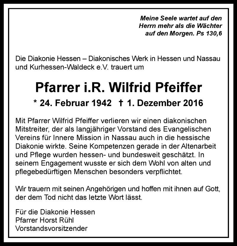 Traueranzeige für Wilfrid Pfeiffer vom 07.12.2016 aus Trauerportal Rhein Main Presse