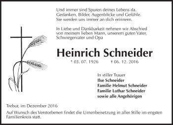 Traueranzeige von Heinrich Schneider von Trauerportal Rhein Main Presse