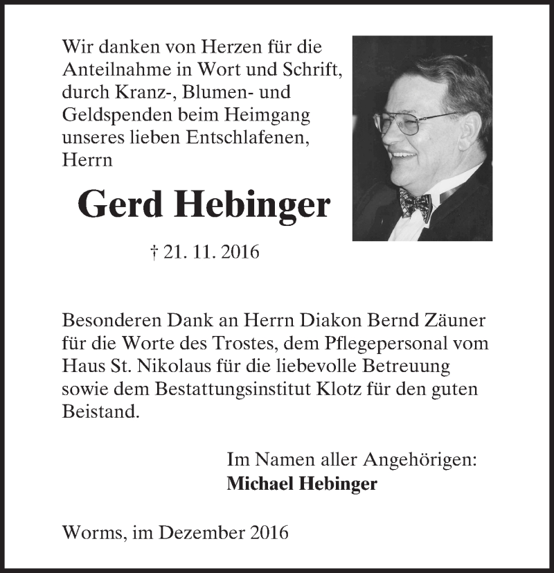  Traueranzeige für Gerd Hebinger vom 22.12.2016 aus Trauerportal Rhein Main Presse