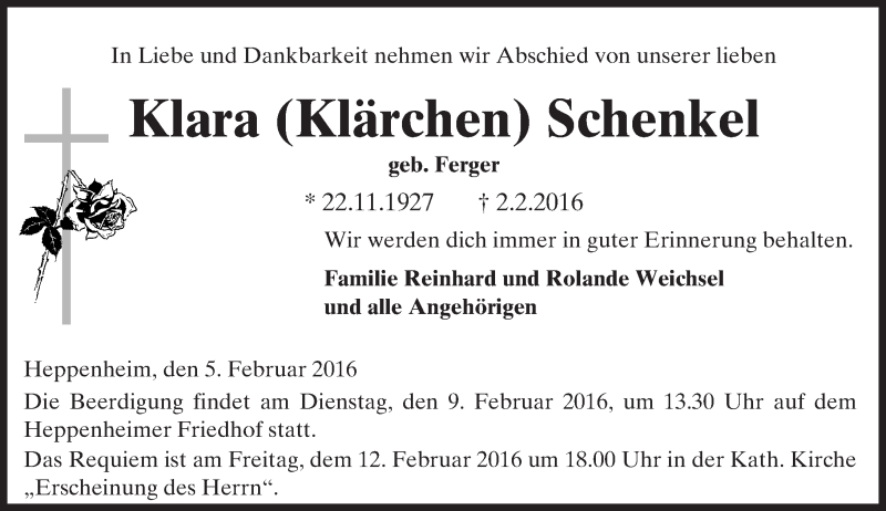  Traueranzeige für Klara Schenkel vom 05.02.2016 aus trauer.echo-online.de
