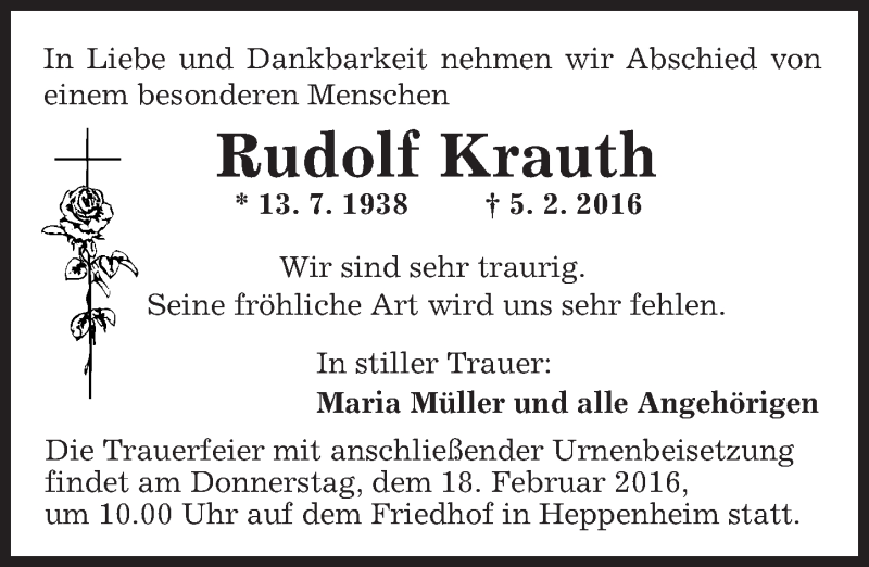  Traueranzeige für Rudolf Krauth vom 16.02.2016 aus trauer.echo-online.de