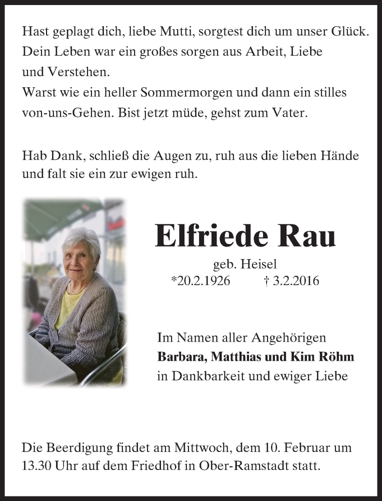  Traueranzeige für Elfriede Rau vom 06.02.2016 aus trauer.echo-online.de