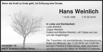 Traueranzeige von Hans Weinlich von Darmstädter Echo