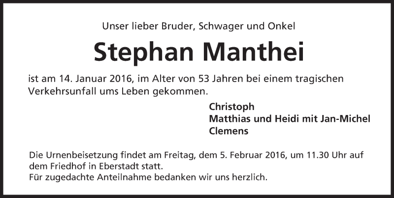  Traueranzeige für Stephan Manthei vom 03.02.2016 aus trauer.echo-online.de