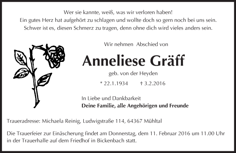 Traueranzeige für Anneliese Gräff vom 08.02.2016 aus trauer.echo-online.de
