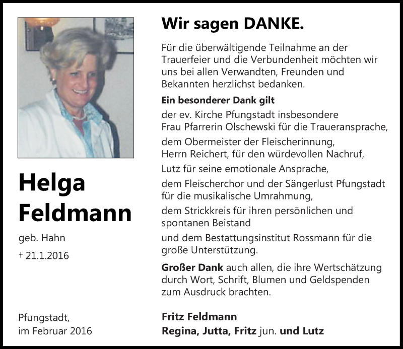  Traueranzeige für Helga Feldmann vom 13.02.2016 aus trauer.echo-online.de
