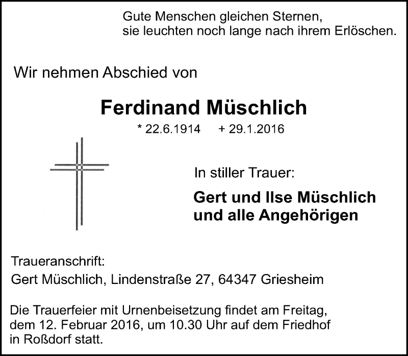  Traueranzeige für Ferdinand Müschlich vom 09.02.2016 aus trauer.echo-online.de