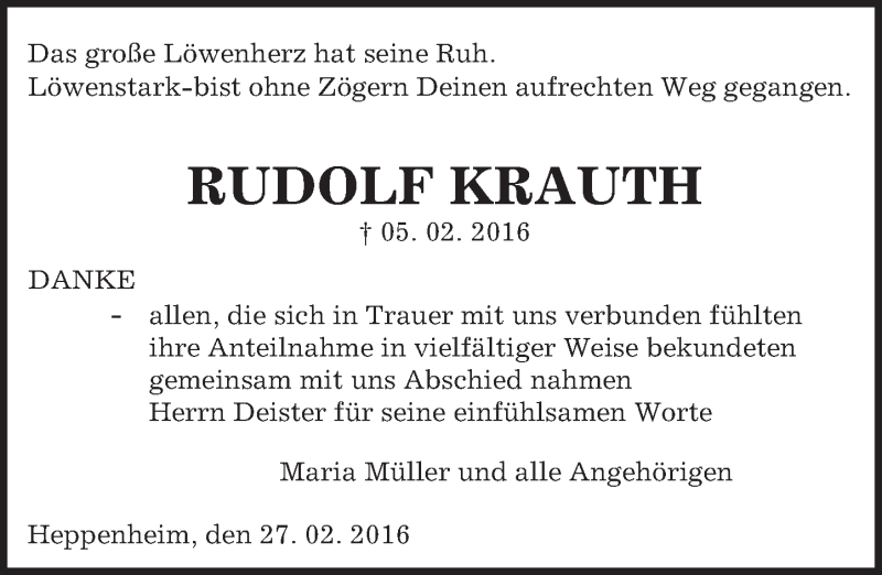 Traueranzeige für Rudolf Krauth vom 27.02.2016 aus trauer.echo-online.de