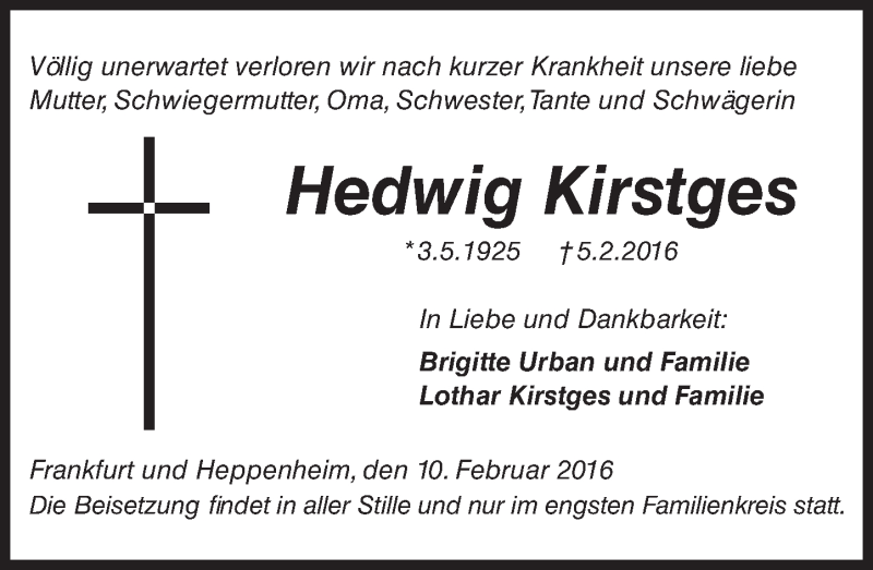  Traueranzeige für Hedwig Kirstges vom 10.02.2016 aus trauer.echo-online.de