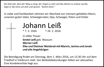 Traueranzeige von Johann Leiß von trauer.echo-online.de