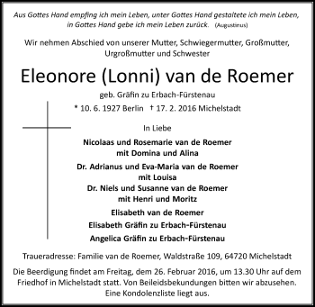 Traueranzeige von Eleionore  van de Roemer von trauer.echo-online.de