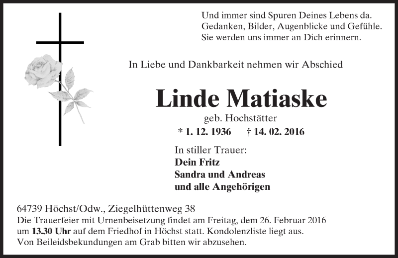  Traueranzeige für Linde Matiaske vom 23.02.2016 aus trauer.echo-online.de