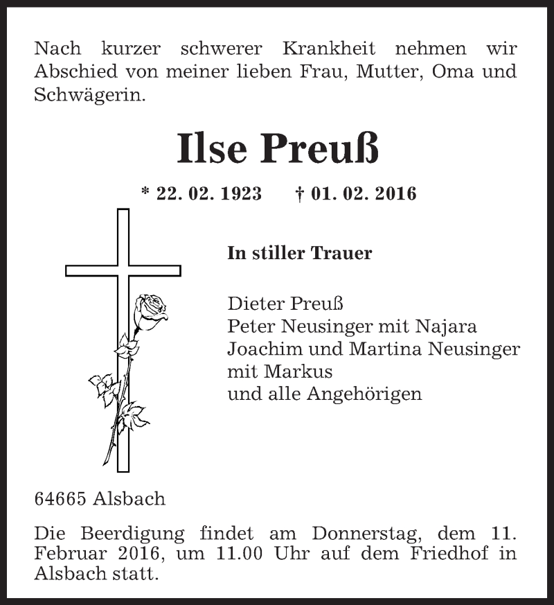  Traueranzeige für Ilse Preuß vom 06.02.2016 aus trauer.echo-online.de
