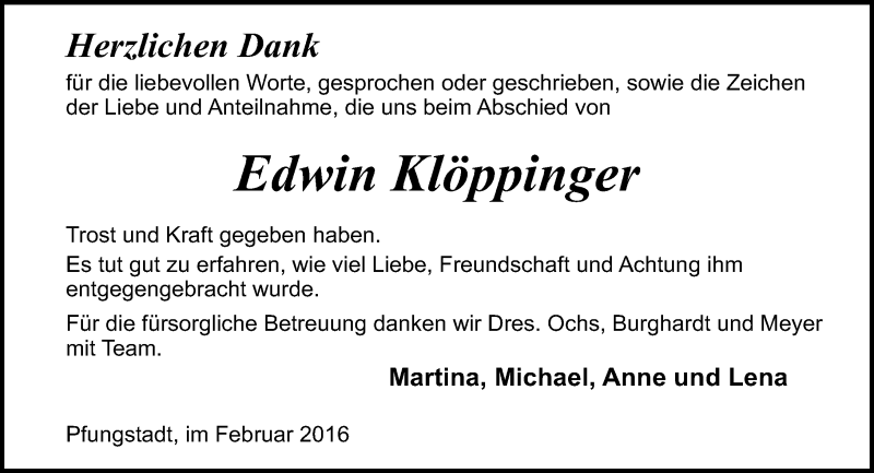  Traueranzeige für Edwin Klöppinger vom 13.02.2016 aus trauer.echo-online.de