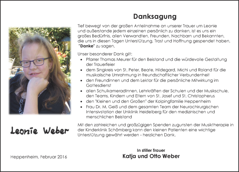  Traueranzeige für Leonie Weber vom 06.02.2016 aus Starkenburger Echo