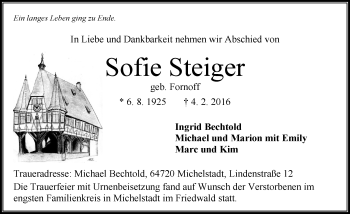 Traueranzeige von Sofie Steiger von trauer.echo-online.de