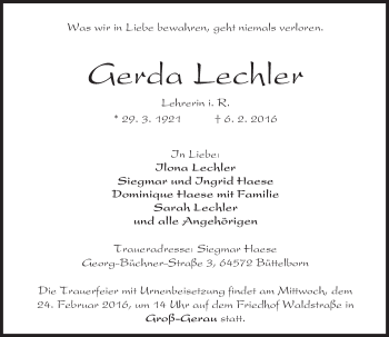 Traueranzeige von Gerda Lechler von trauer.echo-online.de