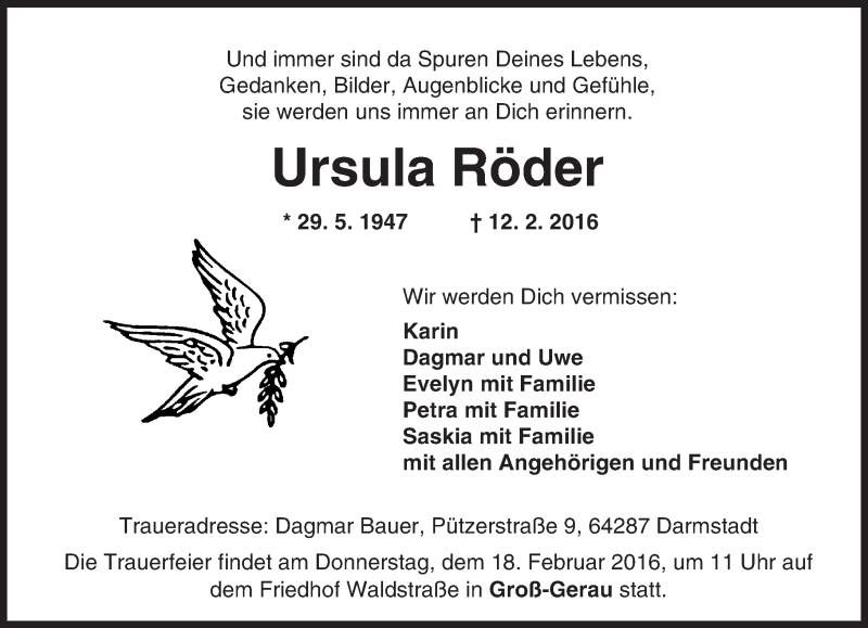  Traueranzeige für Ursula Räder vom 16.02.2016 aus trauer.echo-online.de