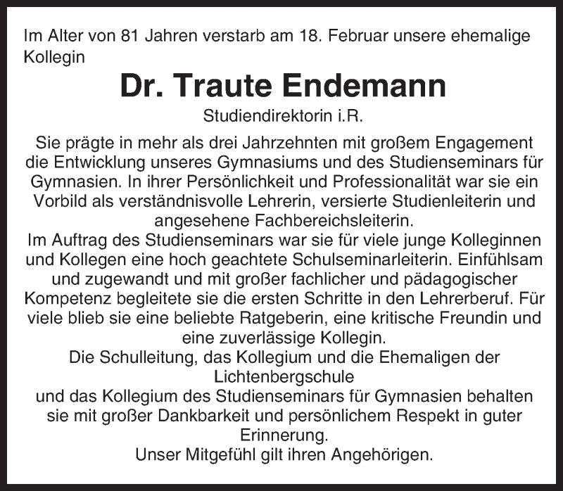  Traueranzeige für Traute Endemann vom 27.02.2016 aus trauer.echo-online.de