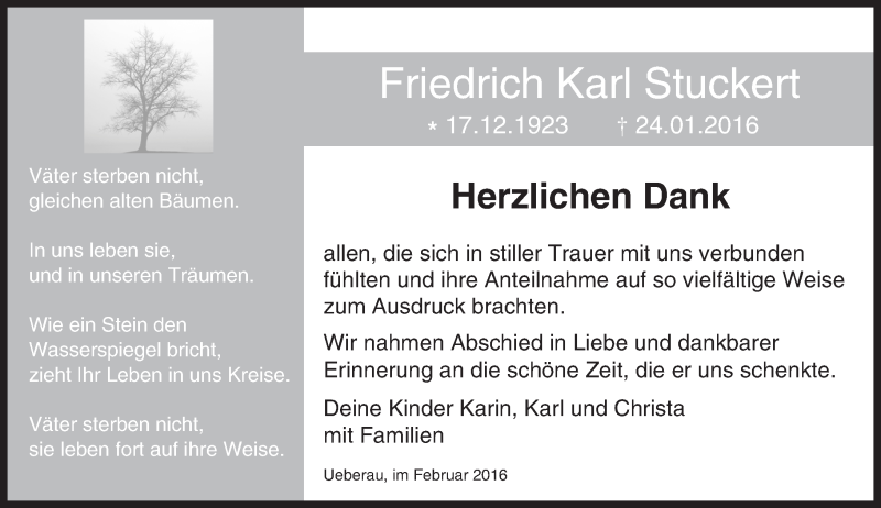  Traueranzeige für Friedrich Karl Stuckert vom 13.02.2016 aus trauer.echo-online.de