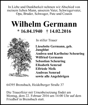 Traueranzeige von Wilhelm Germann von trauer.echo-online.de