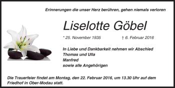 Traueranzeige von Liselotte Göbel von trauer.echo-online.de