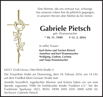 Traueranzeige von Gabriele Pietsch von trauer.echo-online.de