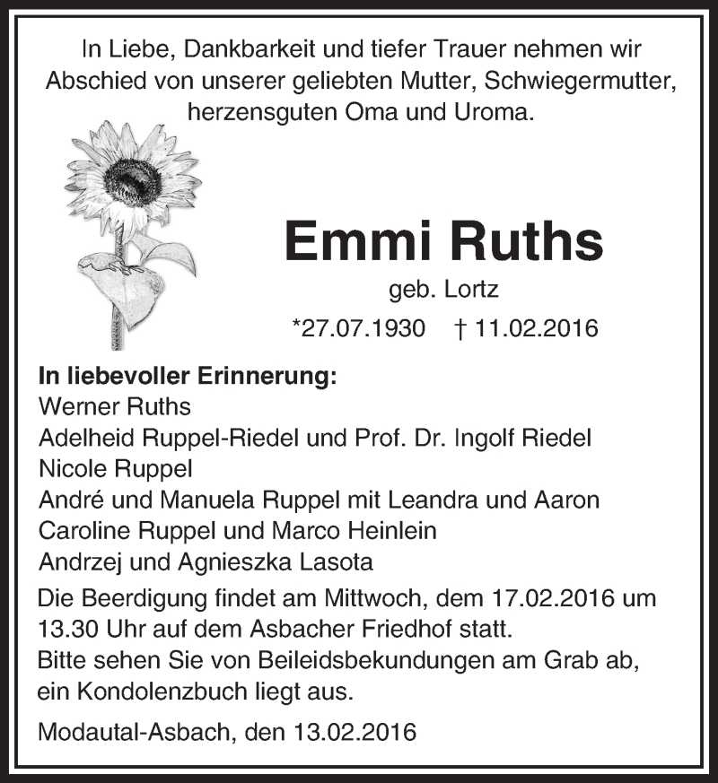  Traueranzeige für Emmi Ruths vom 13.02.2016 aus trauer.echo-online.de